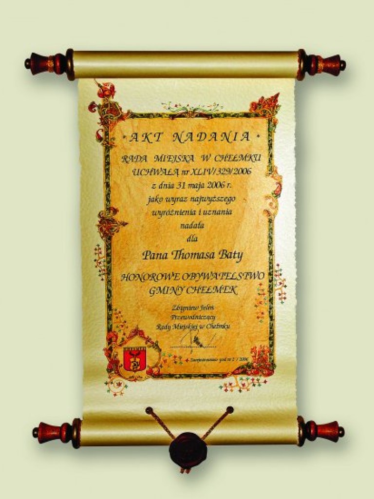 Wręczenie aktu nadania Honorowego Obywatelstwa Gminy Chełmek Thomasowi J. Bacie - Chełmek 18.10.2007