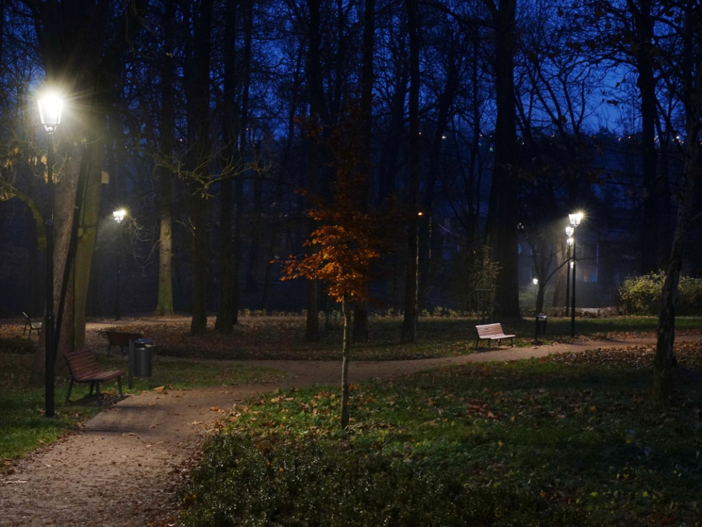 Park w chrzanowskim Kościelcu po zmroku w nowej odsłonie