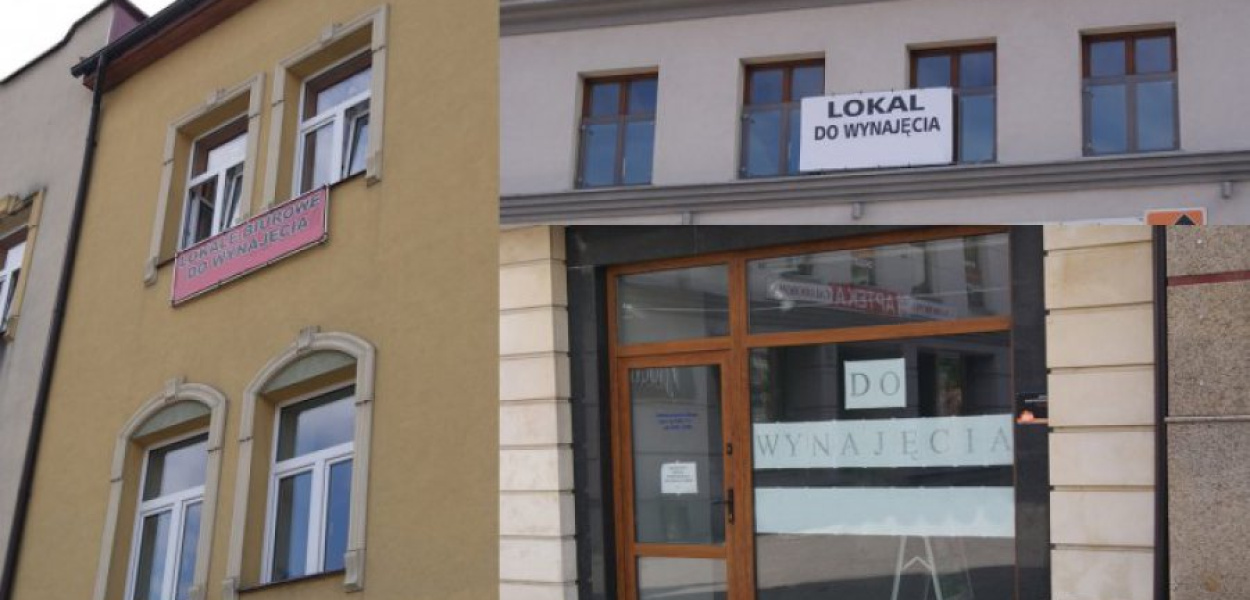 Na kamienicach w chrzanowskim Rynku widać sporo informacji o wynajmie lokali