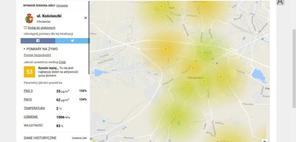 Wyniki pomiarów dostępne są na stronie internetowej Chrzanowa. Źródło: map.airly.eu