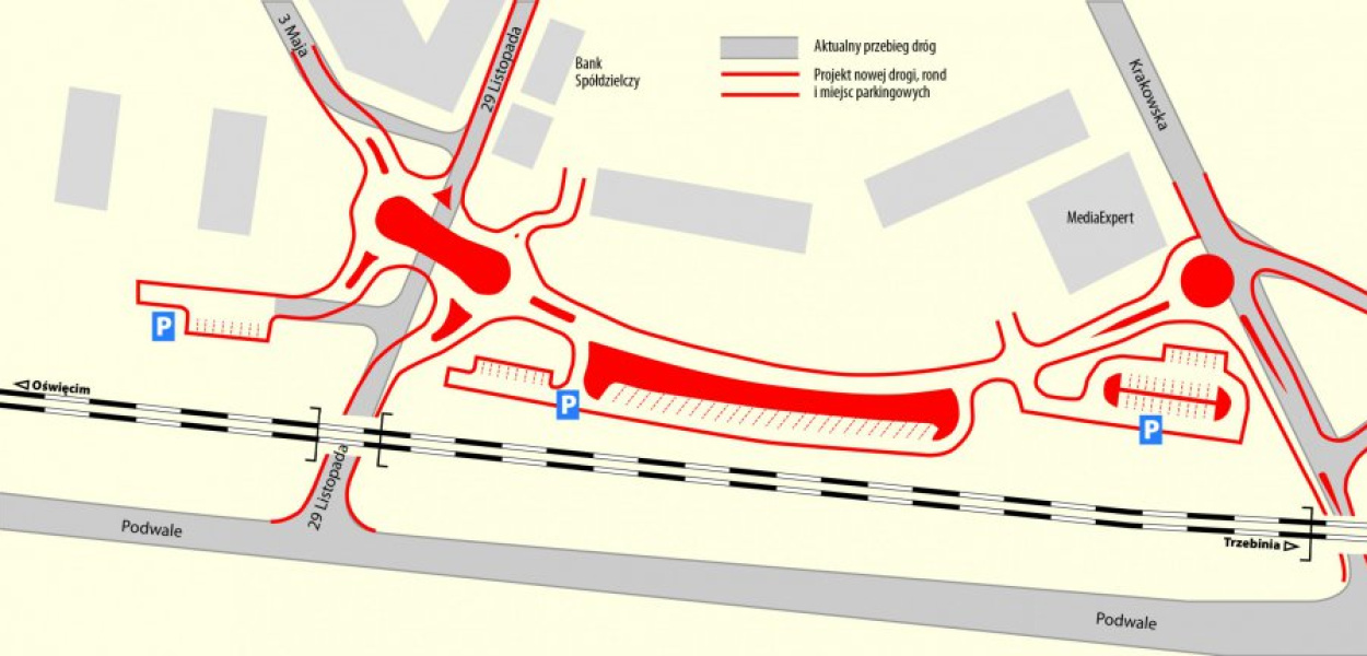 Mapka zaplanowanej inwestycji (duży parking po prawej stronie 29 Listopada będzie wykonywany w ramach z innego programu, na co są już pieniądze). Dofinansowanie z FDS nie obejmuje też ronda na Krakowskiej, na co nie ma jeszcze finasowania.