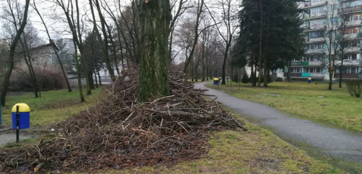 Gałęzie leżą m.in. w pobliżu bloku przy ulicy Trzebińskiej 33