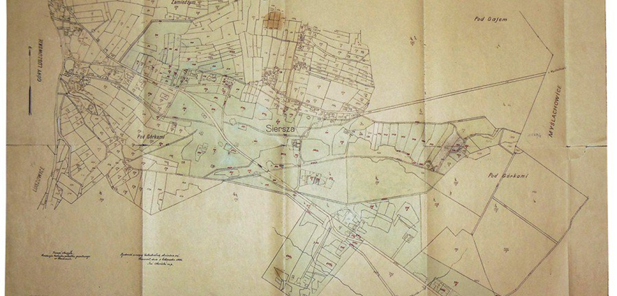 Mapa okolic Sierszy z oznaczonymi na zielono gruntami należącymi do Galicyjskich Akcyjnych Zakładów Górniczych