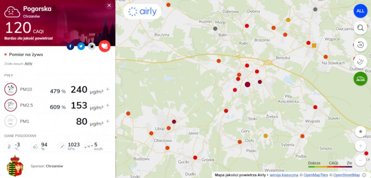 Stan jakości powietrza na ziemi chrzanowskiej w niedzielę rano był bardzo zły. Screen z mapy airly