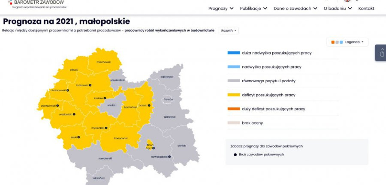 W powiecie chrzanowskim brakuje m.in. pracowników robót wykończeniowych w budownictwie, co pokazuje powyższa mapa. Zrzut ze strony internetowej www.barometrzawodow.pl