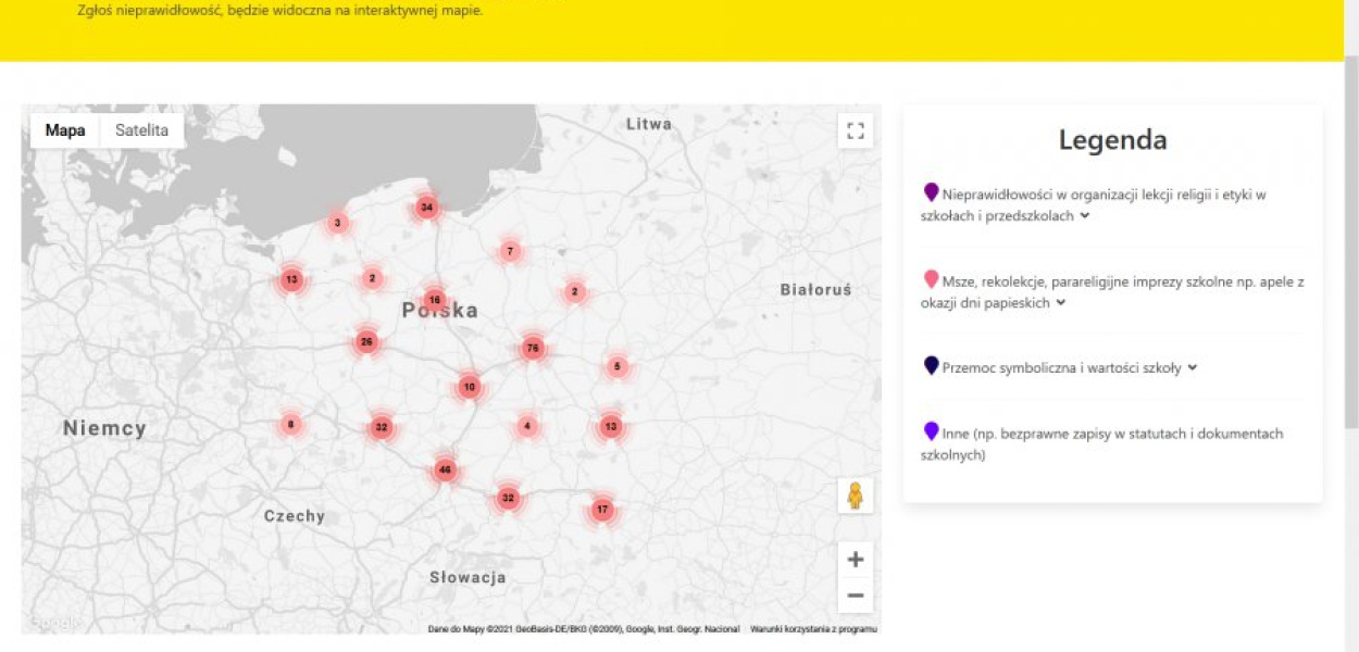 Mapa Fundacji Wolność od Religii, zrzut ekranu