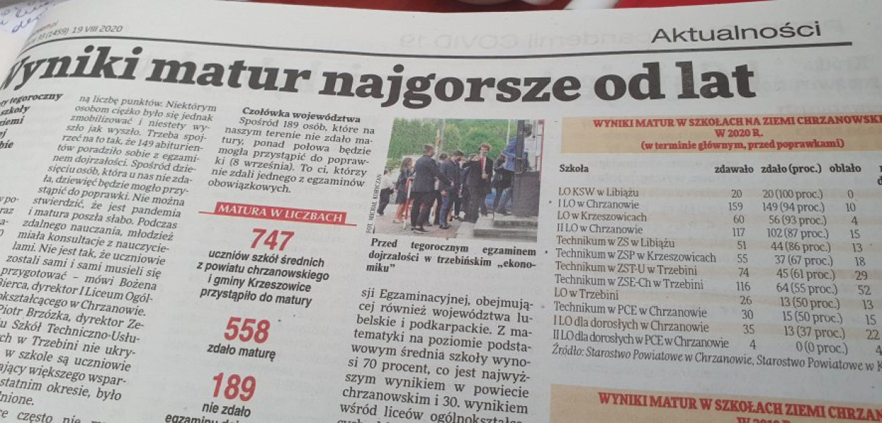Na zdjęciu strona z &quot;Przełomu&quot; nr 33/2020 z wynikami matury z roku 2020