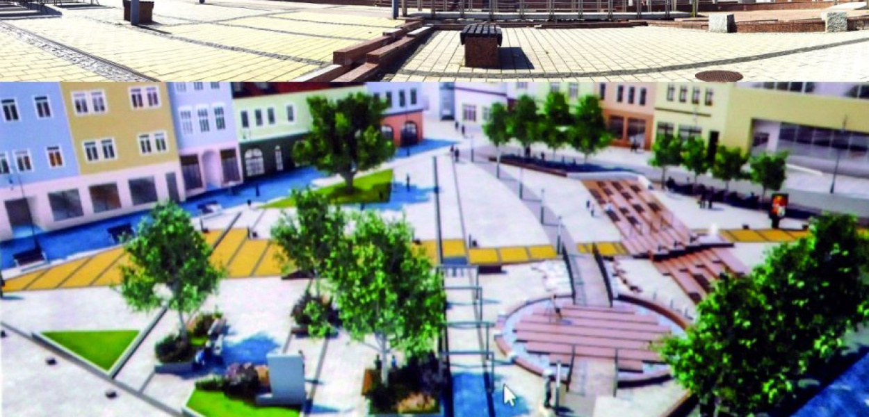 Chrzanowski Rynek dzisiaj i po przebudowie (wizualizacja autorstwa architektów: Gabrieli Rusek, Anny Tempińskiej i Michała Tempińskiego)