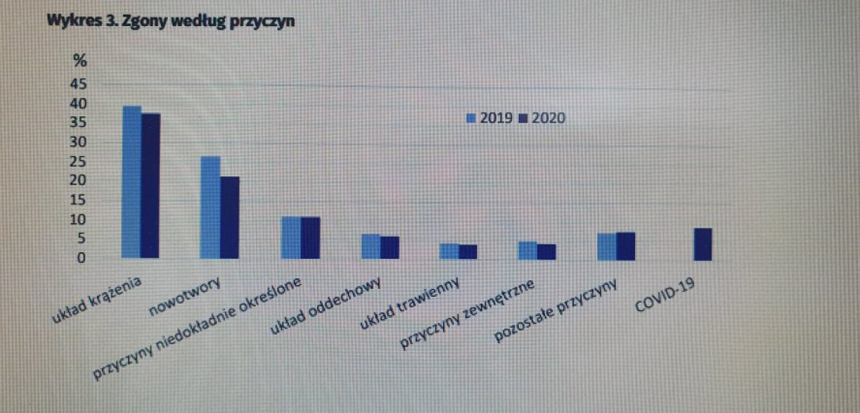 Zgony w 2019 i 2020 r. wg przyczyn; źródło GUS.Zgony z powodu COVID-19 w minionym roku stanowiły blisko 9% wszystkich zgonów. 
