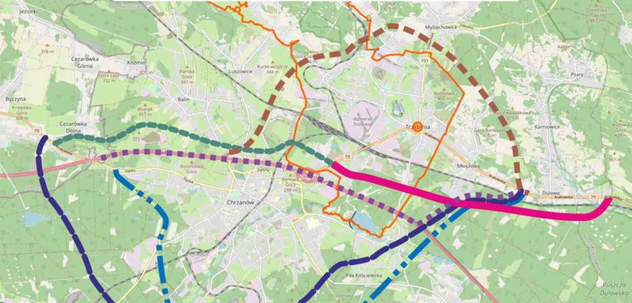 Wstępna mapa udostępniona w internecie przez burmistrza Trzebini. Kolorem różowym zaznaczono preferowany przebieg obwodnicy