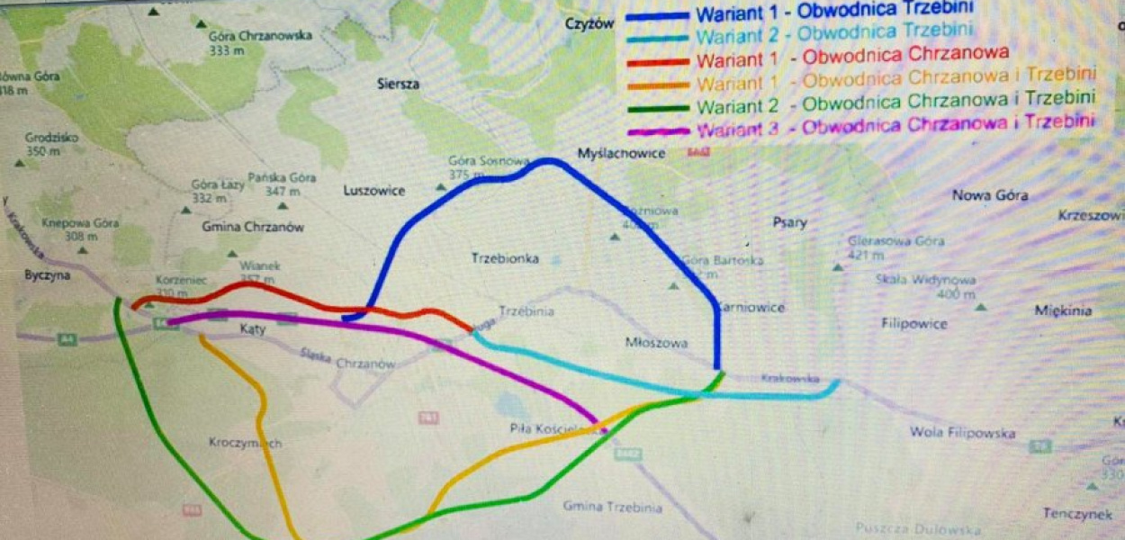 Warianty przebiegu obwodnicy Chrzanowa i Trzebini zaproponowane przez projektanta, czyli firmę  Sweco
