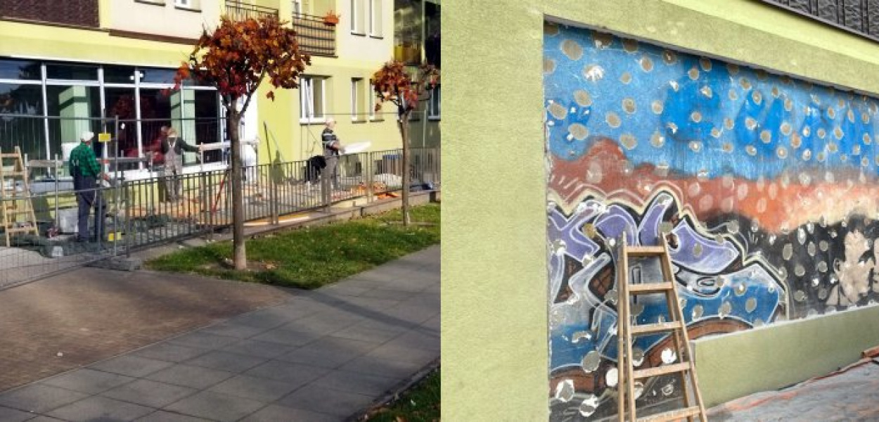 Nowa witryna sklepowa przy Piastowskiej w Chrzanowie. Podczas prac odkryto pod tynkiem stary mural