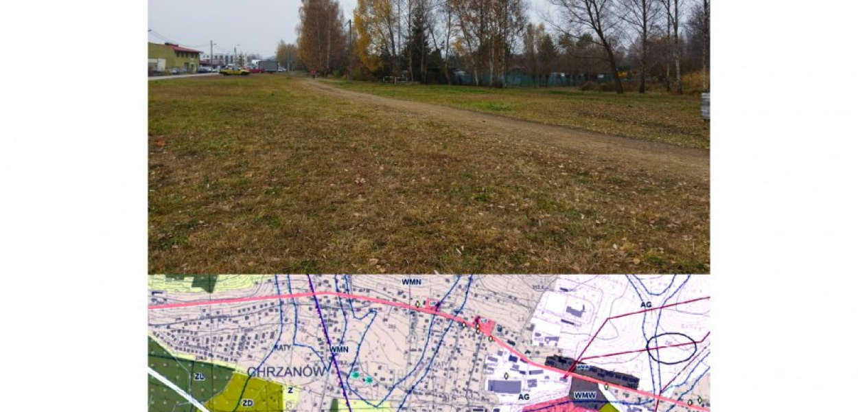 Ogródki działkowe przy Partyzantów w Chrzanowie będą mogły się powiększyć o widoczny na zdjęciu pusty teren, co również pokazuje mapka (obszar oznaczony na zielono jako ZD)