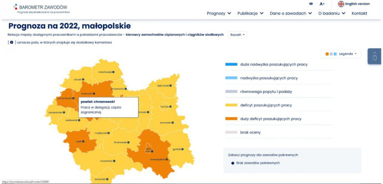 W powiecie chrzanowskim brakuje kierowców samochodów ciężarowych i ciągników siodłowych, co pokazuje powyższa mapa. Zrzut ze strony internetowej www.barometrzawodow.pl