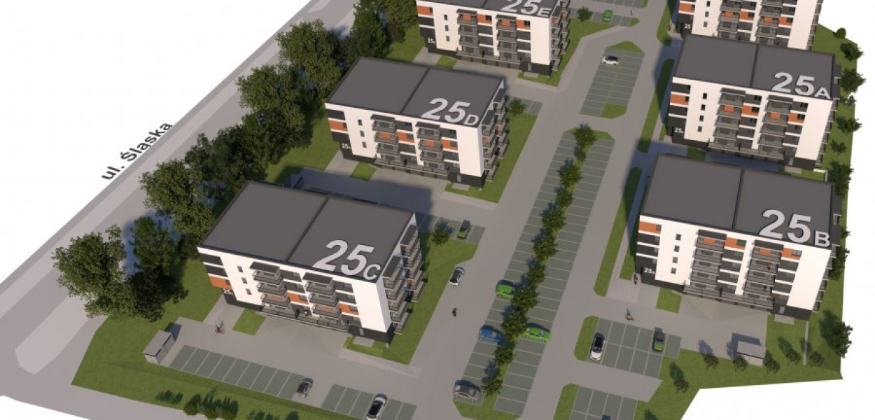Wizualizacja nowego osiedla między ulicami: Partyzantów, Śląską i Leśną w Chrzanowie, udostępniona na oficjalnej stronie spółki DOMBUD