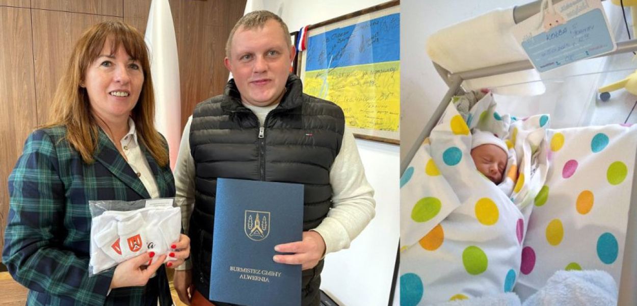 Burmistrz Beata Nadzieja-Szpila i Mateusz Kołba oraz jego synek Jaś
