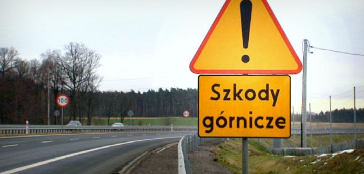 Tak znakowane są obszary szkód górniczych przy drogach. Zdjęcie poglądowe Fot. TVP3 Wrocław