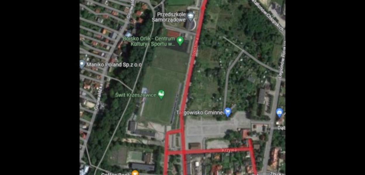 Mapka z zaznaczonymi zamkniętymi drogami opublikowana przez UM Krzeszowice
