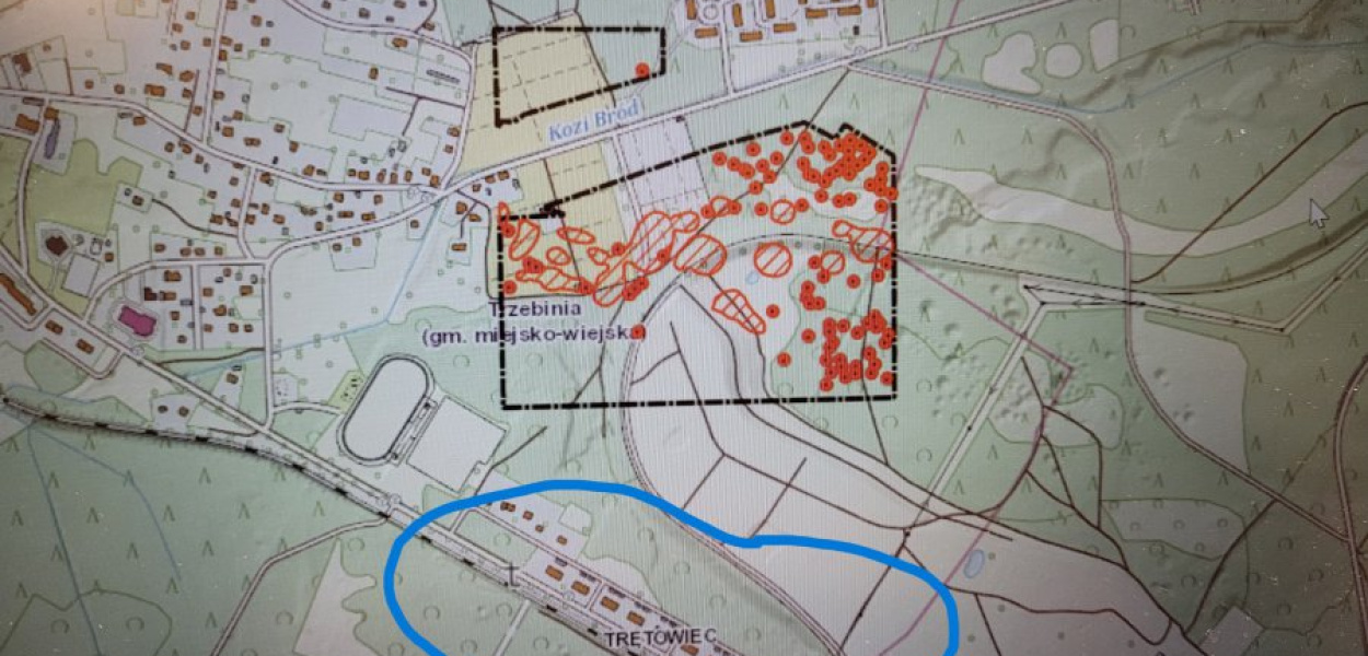 Trzebinia Siersza. Osiedle Trentowiec  Lokalizacja zinwentaryzowanych zapadlisk w Raporcie zapadlisk z Portalu Mapowego PIG-PIB: