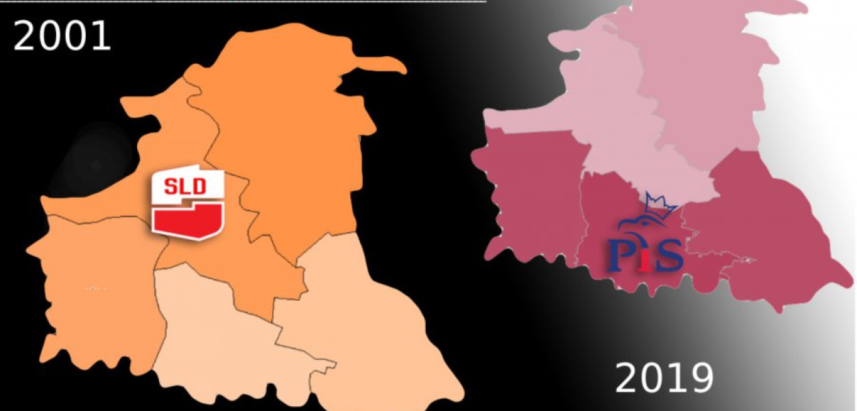 Na mapach powiat chrzanowski. Tak głosowaliśmy w 2001 r. (po lewej) na SLD oraz w 2019 na PiS. Czym ciemniejszy odcień, tym większe poparcie dla zwycięskiego ugrupowania. 