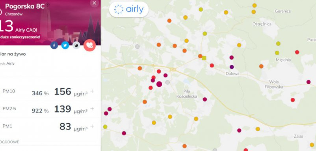 Screen z mapy airly pokazuje, że w okolicy powietrze jest mocno zanieczyszczone