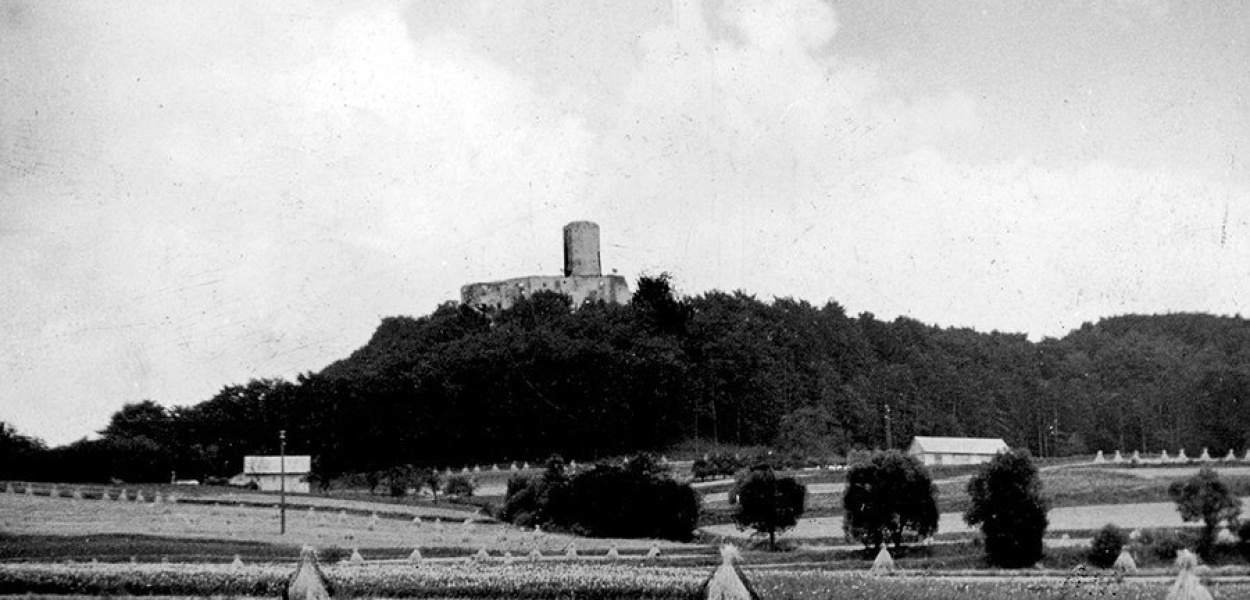 Widok przedpola zamku Lipowiec z terenem pod budowę skansenu Fot. Marian Kornecki , l.60-te XX w. Archiwum WUOZ w Krakowie