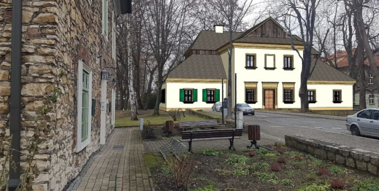 Wizualizacja dworu Ossolińskich, który stał w miejscu dzisiejszej ul. Mickiewicza w Chrzanowie